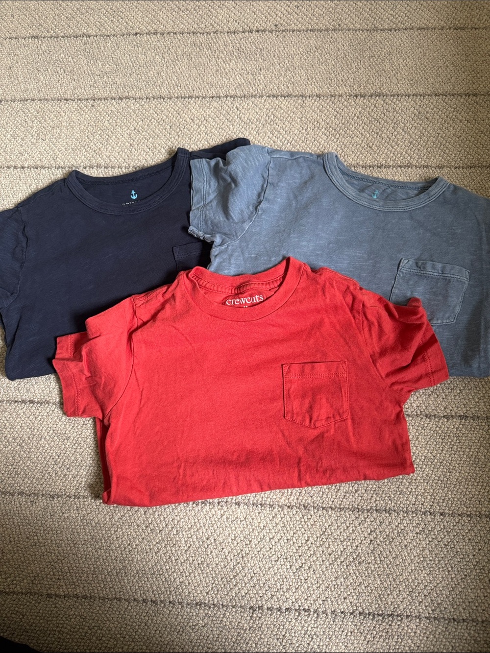 Crewcuts Pocket Tee Trio in Red, Navy, and Light Blue. Boys size 6-7 in EUC